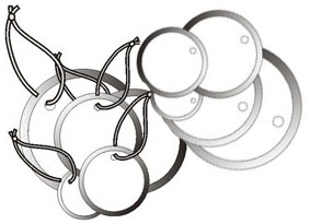 White metal rim tags, strung or unstrung