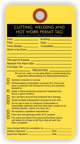 cutting welding hot work permit tag