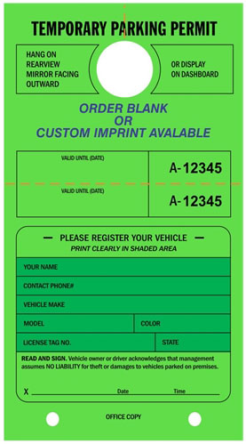 FLUORESCENT GREEN PARKING PERMIT HANG TAG