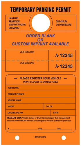 FLUORESCENT ORANGE PARKING PERMIT HANG TAG