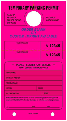 FLUORESCENT PINK PARKING PERMIT HANG TAG