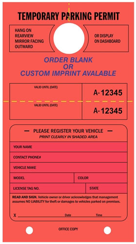FLUORESCENT RED PARKING PERMIT HANG TAG