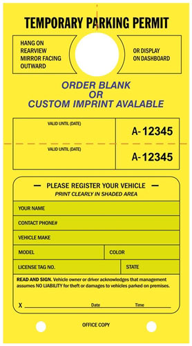 FLUORESCENT YELLOW PARKING PERMIT HANG TAG